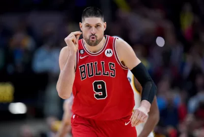 INDIANAPOLIS, INDIANA - FEBRUARY 15: Nikola Vucevic #9 of the Chicago Bulls reacts after making a shot in the fourth quarter against the Indiana Pacers at Gainbridge Fieldhouse on February 15, 2023 in Indianapolis, Indiana.