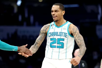 CHARLOTTE, NORTH CAROLINA - FEBRUARY 13: P.J. Washington #25 of the Charlotte Hornets celebrates after making a three pointer during the fourth period of a basketball game against the Atlanta Hawks at Spectrum Center on February 13, 2023 in Charlotte, North Carolina.