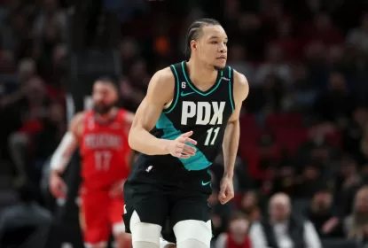 PORTLAND, OREGON - MARCH 27: Kevin Knox II #11 of the Portland Trail Blazers runs down the court during the first quarter against the New Orleans Pelicans at Moda Center on March 27, 2023 in Portland, Oregon.