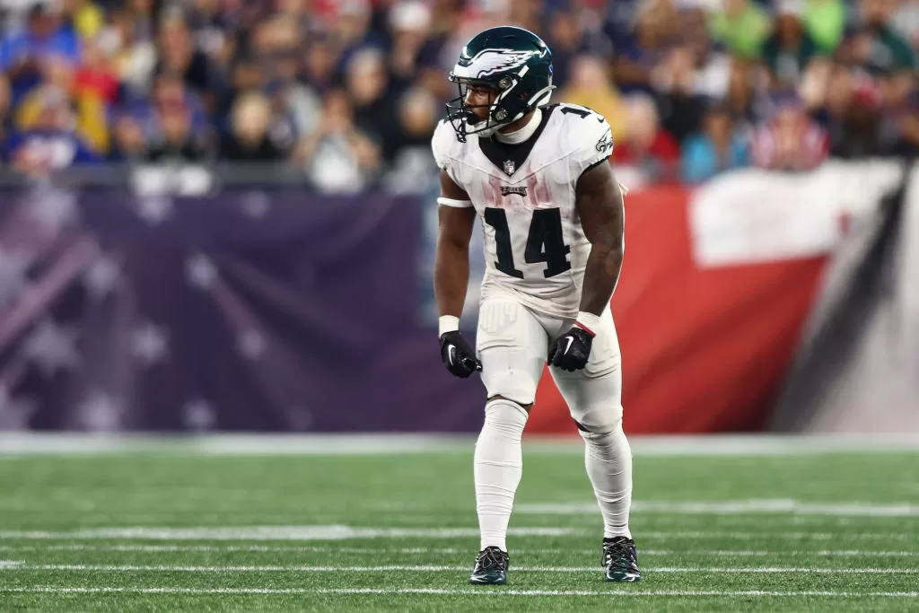 FOXBOROUGH, MA - SEPTEMBER 10: Kenneth Gainwell #14 of the Philadelphia Eagles lines up before a play during an NFL football game against the New England Patriots at Gillette Stadium on September 10, 2023 in Foxborough, Massachusetts.