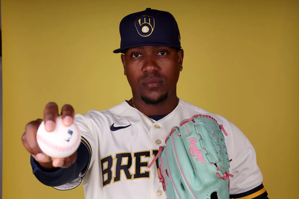 PHOENIX, ARIZONA - FEBRUARY 22: Thyago Vieira #49 of the Milwaukee Brewers poses for a portrait during photo day at American Family Fields of Phoenix on February 22, 2023 in Phoenix, Arizona.