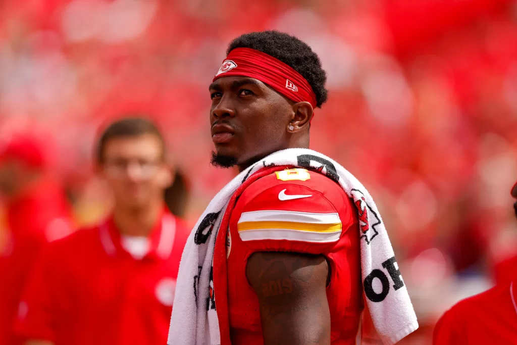 KANSAS CITY, MISSOURI - AUGUST 26: Justyn Ross #8 of the Kansas City Chiefs stands on the sidelines during the fourth quarter of a preseason game against the Cleveland Browns at GEHA Field at Arrowhead Stadium on August 26, 2023 in Kansas City, Missouri