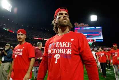 PHILADELPHIA, PENNSYLVANIA - OCTOBER 04: Bryce Harper #3 of the Philadelphia Phillies reacts after defeating the Miami Marlins 7-1 in Game Two of the Wild Card Series at Citizens Bank Park on October 04, 2023 in Philadelphia, Pennsylvania