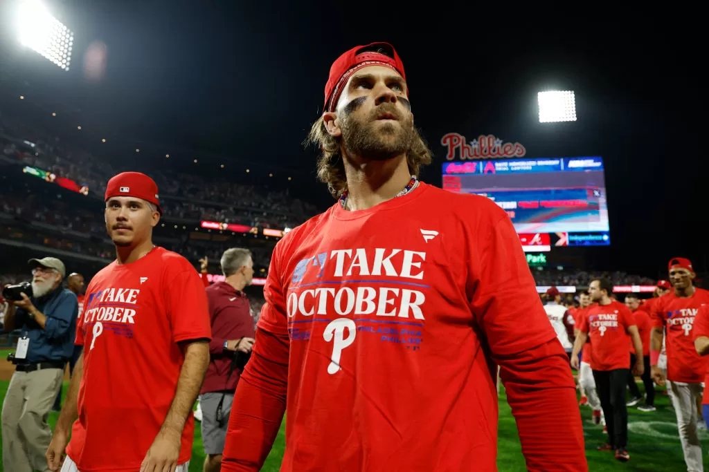 PHILADELPHIA, PENNSYLVANIA - OCTOBER 04: Bryce Harper #3 of the Philadelphia Phillies reacts after defeating the Miami Marlins 7-1 in Game Two of the Wild Card Series at Citizens Bank Park on October 04, 2023 in Philadelphia, Pennsylvania