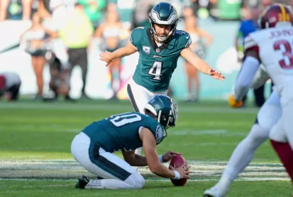 PHILADELPHIA, PA - OCTOBER 01: Philadelphia Eagles place kicker Jake Elliott (4) kicks an overtime field goal for the win during the game between the Philadelphia Eagles and the Washington Commanders on October 1, 2023, at Lincoln Financial Field