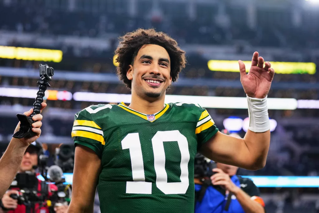 DALLAS, TX - JANUARY 14: Jordan Love #10 of the Green Bay Packers celebrates after defeating the Dallas Cowboys during the NFC Wild Card playoff game at AT&T Stadium on January 14, 2024 in Dallas, Texas.