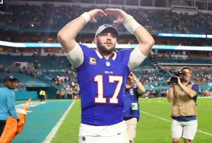 MIAMI GARDENS, FLORIDA - JANUARY 07: Josh Allen #17 of the Buffalo Bills reacts after a 21-14 victory against the Miami Dolphins at Hard Rock Stadium on January 07, 2024 in Miami Gardens, Florida