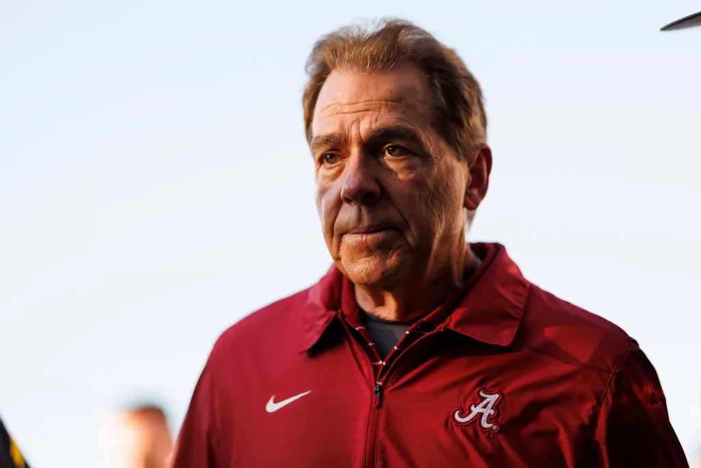 PASADENA, CALIFORNIA - JANUARY 01: Head coach Nick Saban of the Alabama Crimson Tide runs off the field at halftime during the CFP Semifinal Rose Bowl Game against the Michigan Wolverines at Rose Bowl Stadium on January 1, 2024 in Pasadena, California.