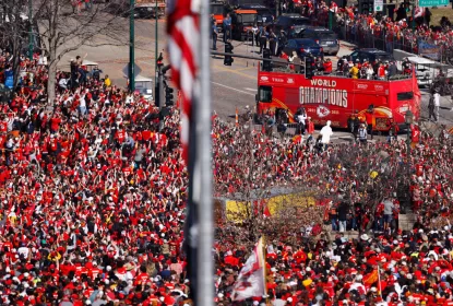 KANSAS CITY, MISSOURI - FEBRUARY 14: A general view of Kansas City Chiefs fans gathered at Union Station during the Kansas City Chiefs Super Bowl LVIII victory parade on February 14, 2024 in Kansas City, Missouri.