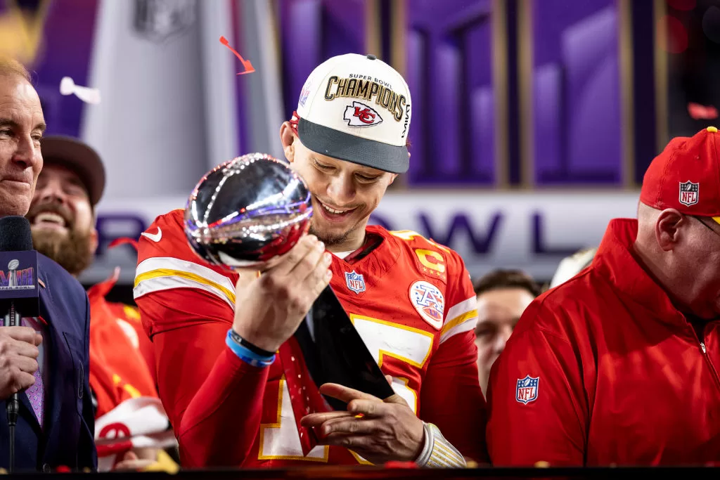 LAS VEGAS, NEVADA - FEBRUARY 11: Patrick Mahomes #15 of the Kansas City Chiefs celebrates with the Vince Lombardi Trophy following the NFL Super Bowl 58 football game between the San Francisco 49ers and the Kansas City Chiefs at Allegiant Stadium on February 11, 2024 in Las Vegas, Nevada.