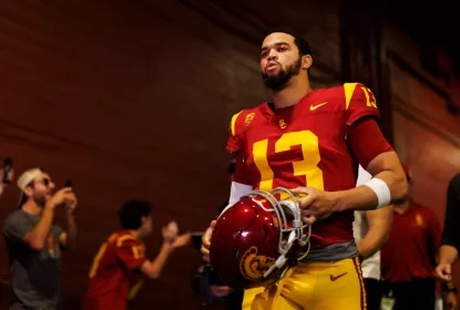 LOS ANGELES, CALIFORNIA - NOVEMBER 18: Caleb Williams #13 of the USC Trojans walks to the field for team entrances prior to a game against the UCLA Bruins at United Airlines Field at the Los Angeles Memorial Coliseum on November 18, 2023 in Los Angeles, California