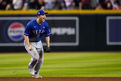 PHOENIX, AZ - NOVEMBER 01: Corey Seager #5 of the Texas Rangers celebrates on the field after the Texas Rangers defeated the Arizona Diamondbacks in Game 5 of the 2023 World Series at Chase Field on Wednesday, November 1, 2023 in Phoenix, Arizona.