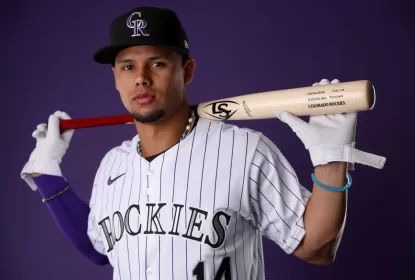 SCOTTSDALE, ARIZONA - FEBRUARY 22: Ezequiel Tovar #14 of the Colorado Rockies poses for a portrait during photo day at Salt River Fields at Talking Stick on February 22, 2024 in Scottsdale, Arizona.