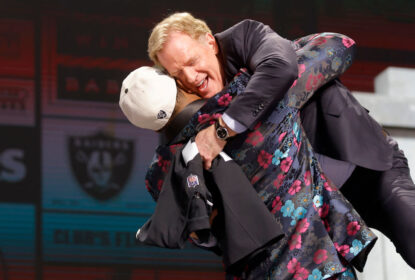 KANSAS CITY, MISSOURI - APRIL 27: (L-R) Tyree Wilson celebratewith NFL Commissioner Roger Goodell after being selected seventh overall by the Las Vegas Raiders during the first round of the 2023 NFL Draft at Union Station on April 27, 2023 in Kansas City, Missouri