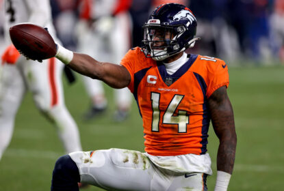 DENVER, CO - NOVEMBER 26: Denver Broncos wide receiver Courtland Sutton signals a first down during an NFL game between the Cleveland Browns and the Denver Broncos on November 26, 2023 at Empower Field at Mile High in Denver, CO