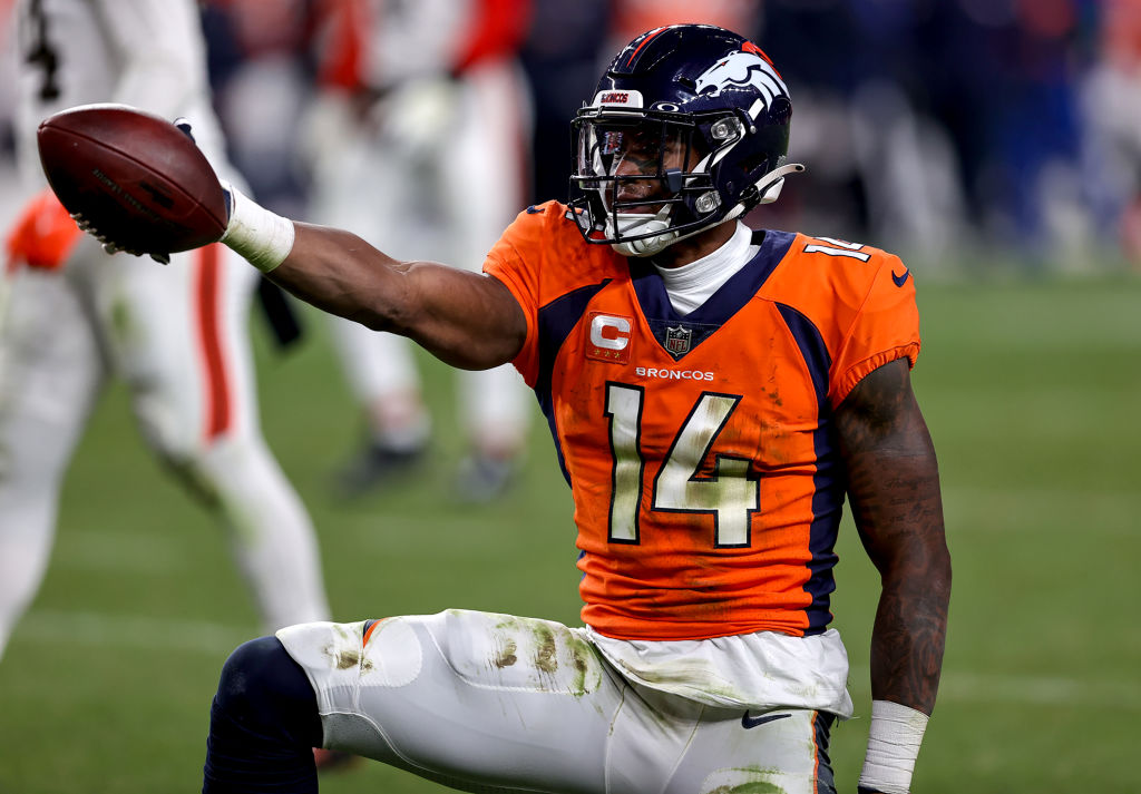 DENVER, CO - NOVEMBER 26: Denver Broncos wide receiver Courtland Sutton signals a first down during an NFL game between the Cleveland Browns and the Denver Broncos on November 26, 2023 at Empower Field at Mile High in Denver, CO