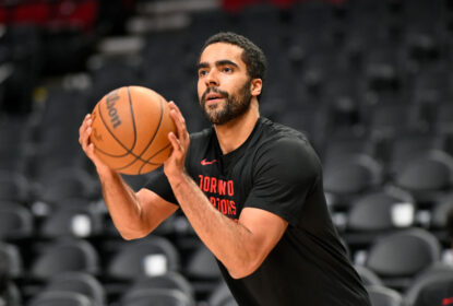 PORTLAND, OREGON - MARCH 09: Jontay Porter #34 of the Toronto Raptors warms up before the game against the Portland Trail Blazers at the Moda Center on March 09, 2024 in Portland, Oregon.