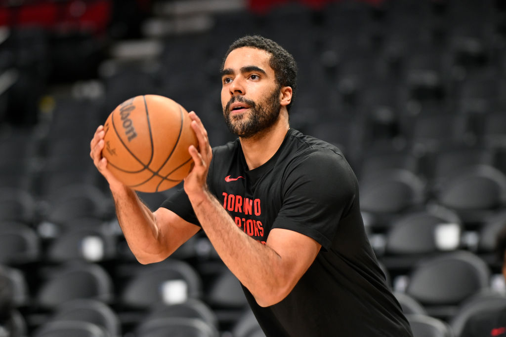 PORTLAND, OREGON - MARCH 09: Jontay Porter #34 of the Toronto Raptors warms up before the game against the Portland Trail Blazers at the Moda Center on March 09, 2024 in Portland, Oregon.