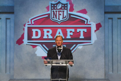 KANSAS CITY, MO - APRIL 27: Commissioner Roger Goodell announces a pick from the podium in the first round of the NFL Draft on April 27, 2023 at Union Station in Kansas City, MO