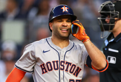 BRONX, NY - MAY 07: Jose Altuve #27 of the Houston Astros reacts after striking out during the game against the New York Yankees on May 7, 2024 at Yankee Stadium in the Bronx, New York