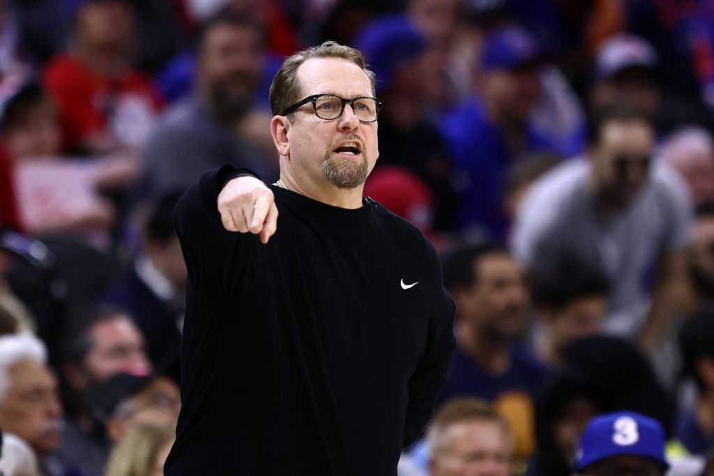 PHILADELPHIA, PENNSYLVANIA - APRIL 28: Head coach Nick Nurse of the Philadelphia 76ers reacts during the fourth quarter against the New York Knicks during game four of the Eastern Conference First Round Playoffs at the Wells Fargo Center on April 28, 2024 in Philadelphia, Pennsylvania.